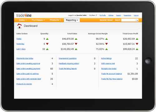 Screenshot of Tradevine Dashboard